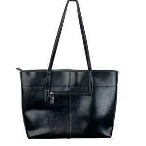 Kattee | Black Faux Leather Double Handle Tote Bag